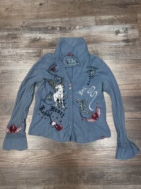 Vintage Y2K edc by Esprit Rebel Heart and Pegasus Embroidered Tattoo Shirt